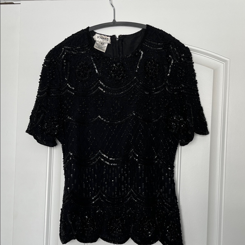 Vintage Stenay Black Beaded‎ Zip Up Blouse